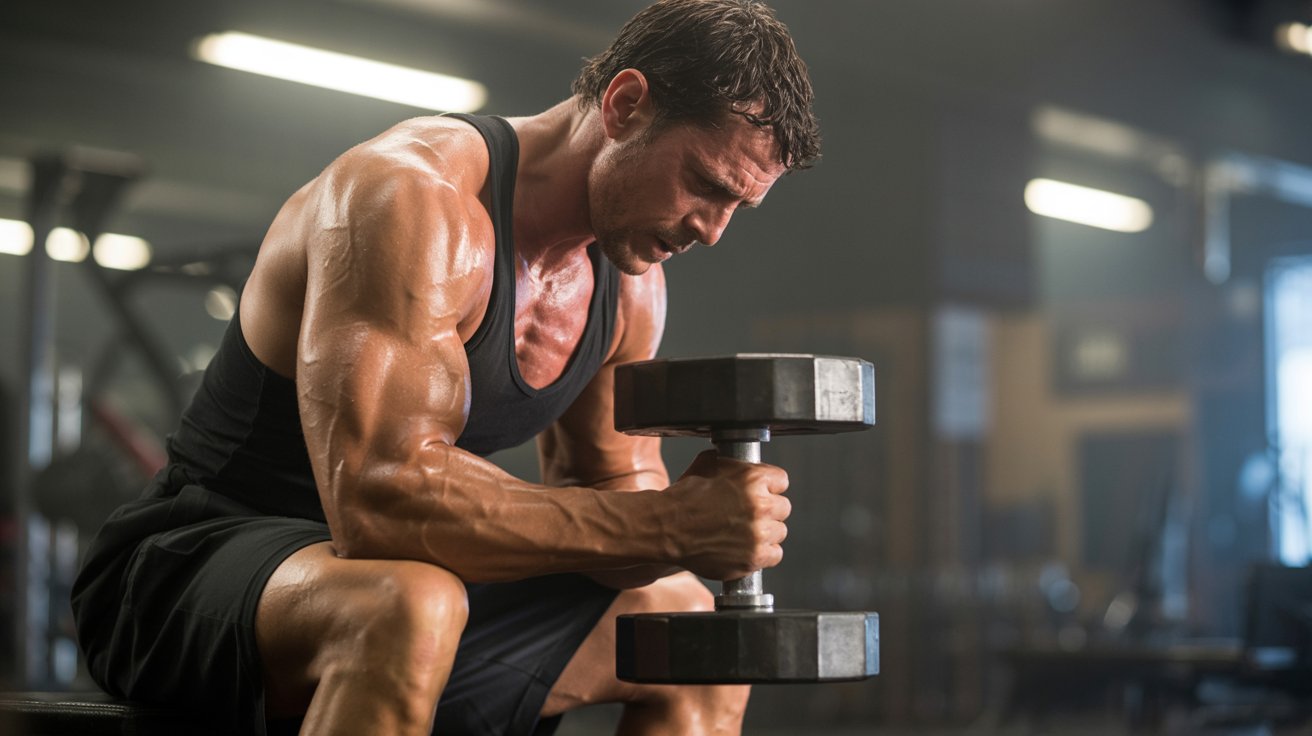 A muscular man in a tank top lifts a dumbbell in a gym, focused and concentrated. The dimly lit background creates an intense, determined atmosphere.