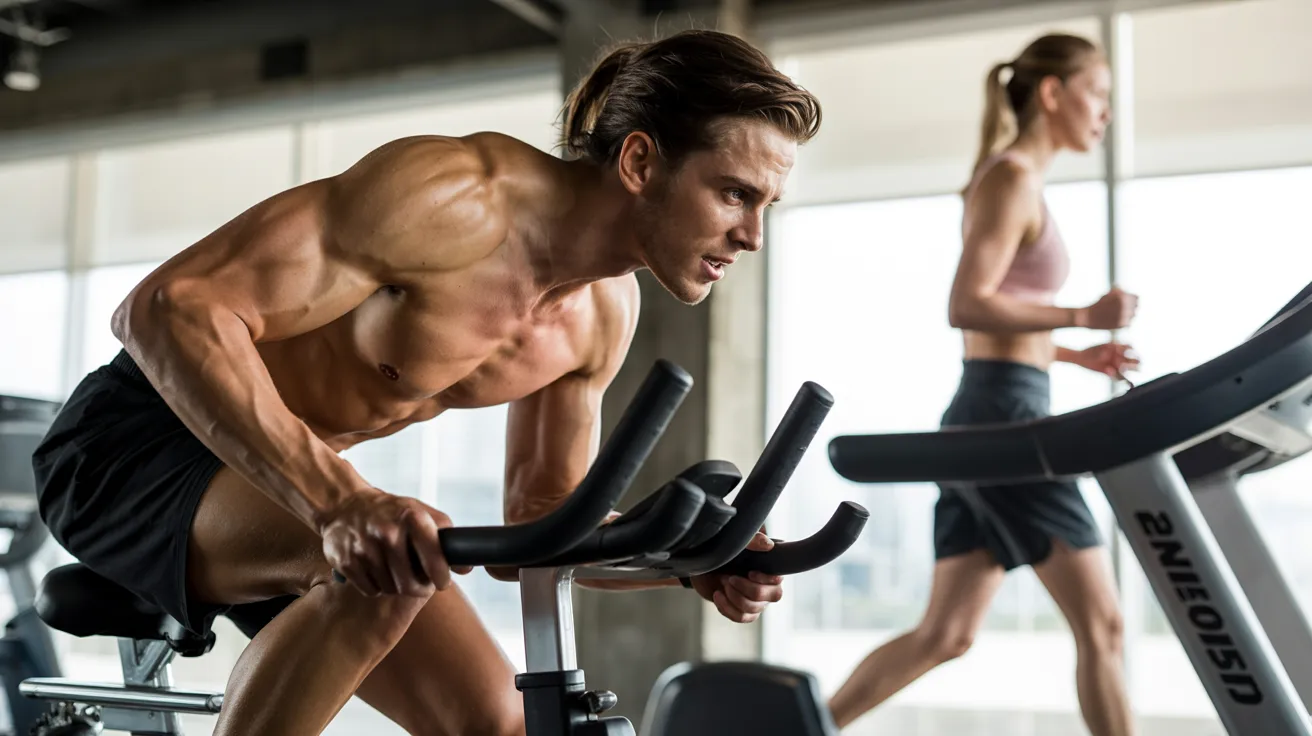 Young man intensely cycling on a stationary bike in a gym, while a woman runs on a treadmill in the background. Bright, focused atmosphere.