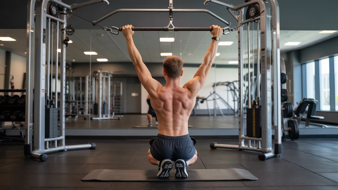 A man kneels, performing a lat pulldown in a bright, modern gym. His muscles are tense, highlighting his defined back, conveying focus and strength.