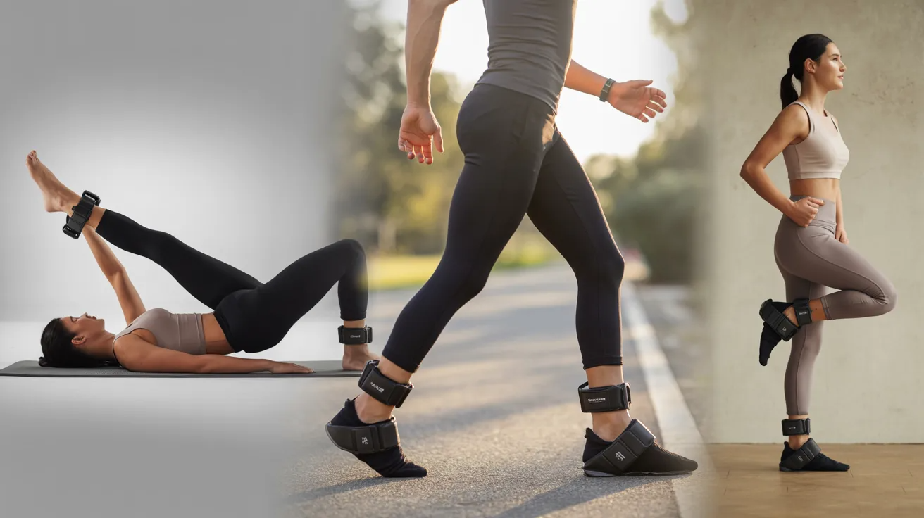 A trio of fitness scenes: a woman exercising with resistance bands, a close-up of legs walking with ankle weights, and a woman standing in workout gear.