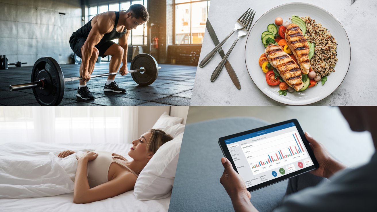 Collage of healthy lifestyle: man lifting weights, grilled chicken with quinoa and vegetables, woman sleeping, person holding a tablet with fitness data.