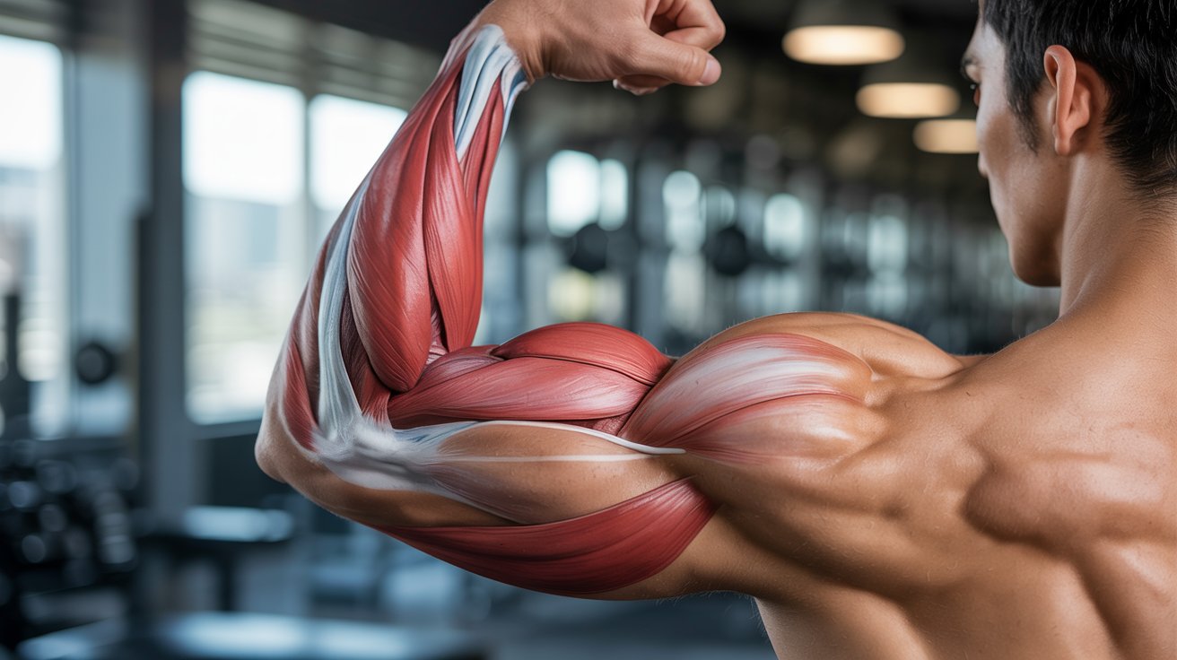 A man flexes his arm in a gym, showing a detailed anatomical illustration of muscles and tendons. The image conveys strength and anatomy education.