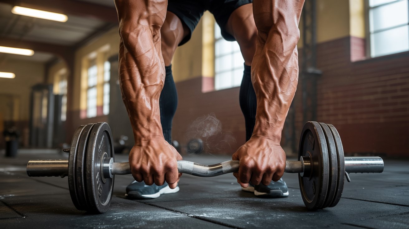 A muscular individual grips a loaded barbell on a gym floor, with visible effort and focus. Sunlight filters through large windows, casting shadows.