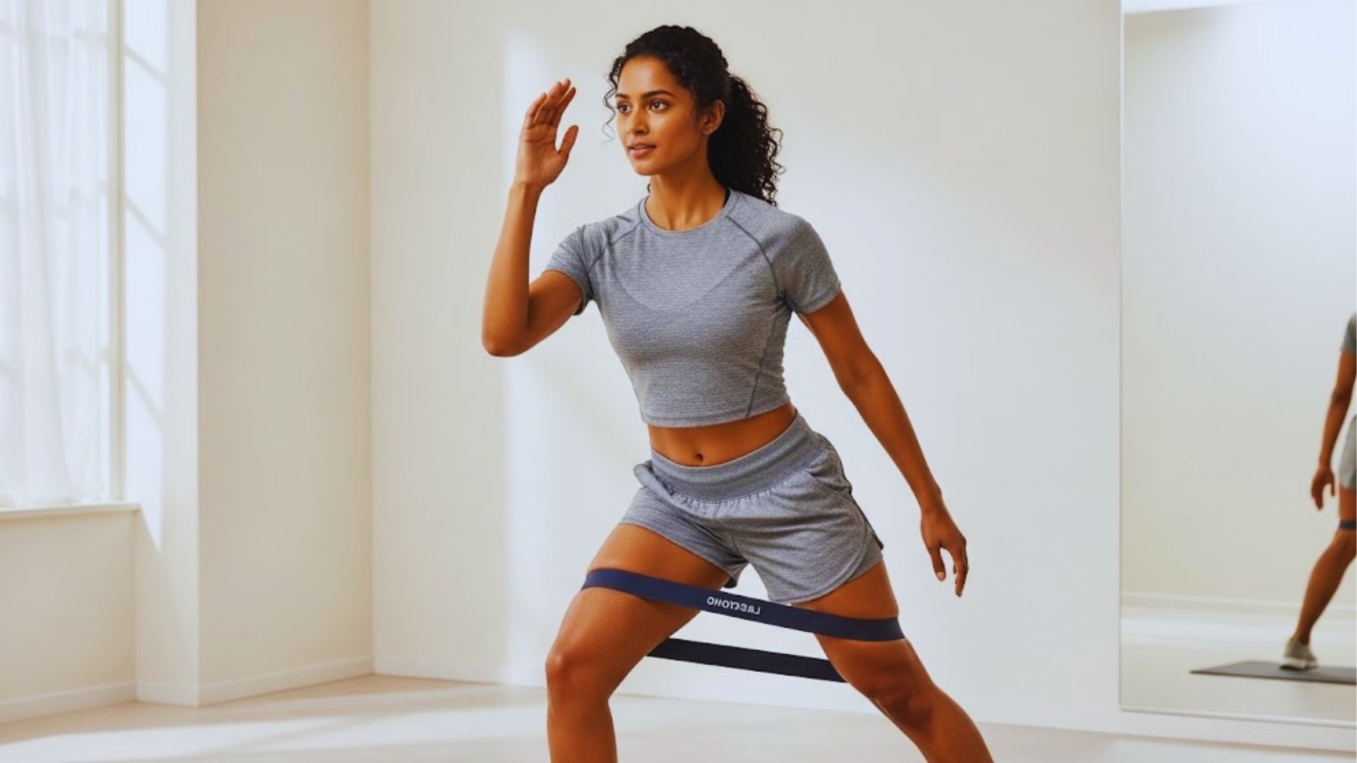 Woman in athletic wear exercises with a resistance band in a bright room. She appears focused and determined, striking a dynamic lunge pose.