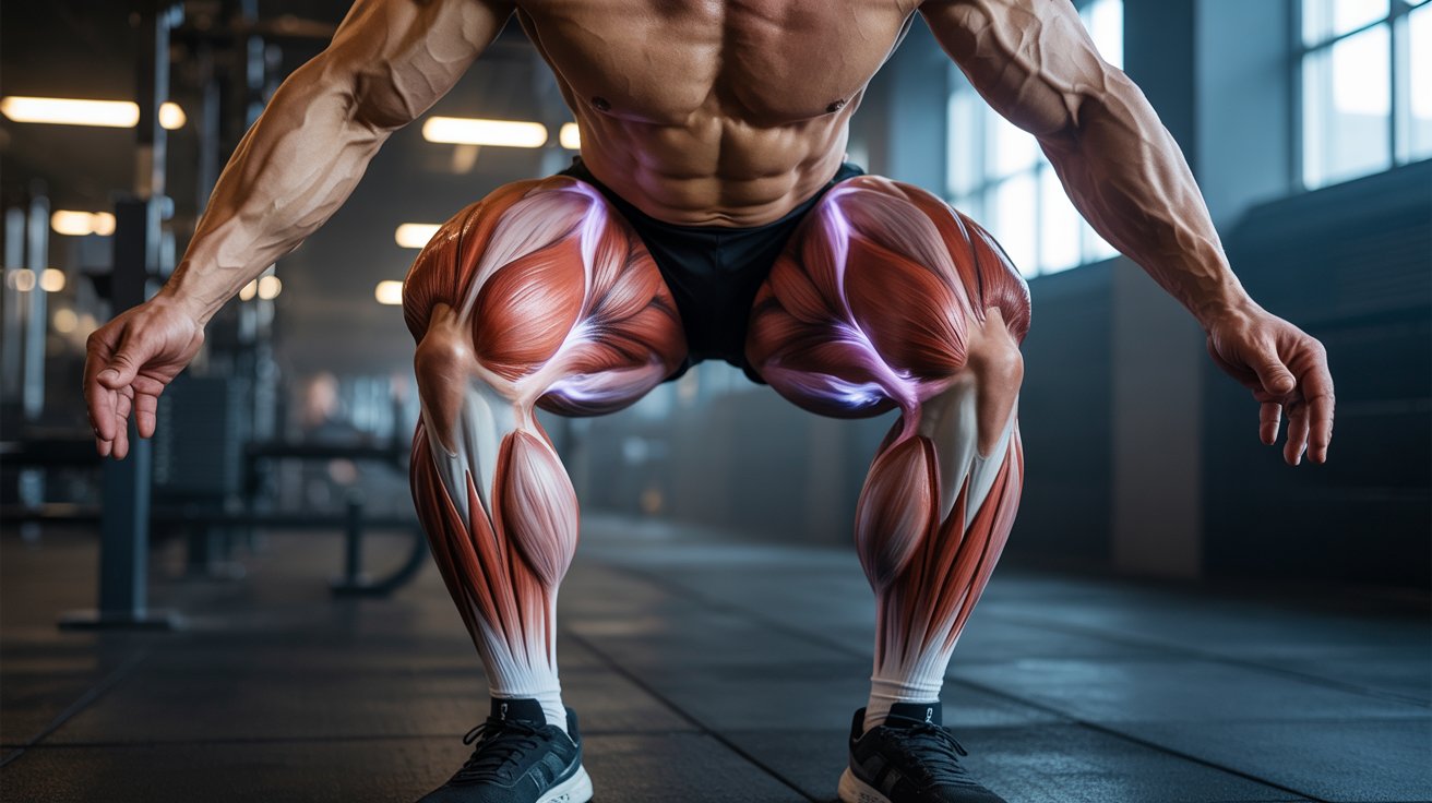 A muscular man in a gym squats, showcasing defined leg muscles highlighted by an anatomical overlay. The scene conveys strength and focus.
