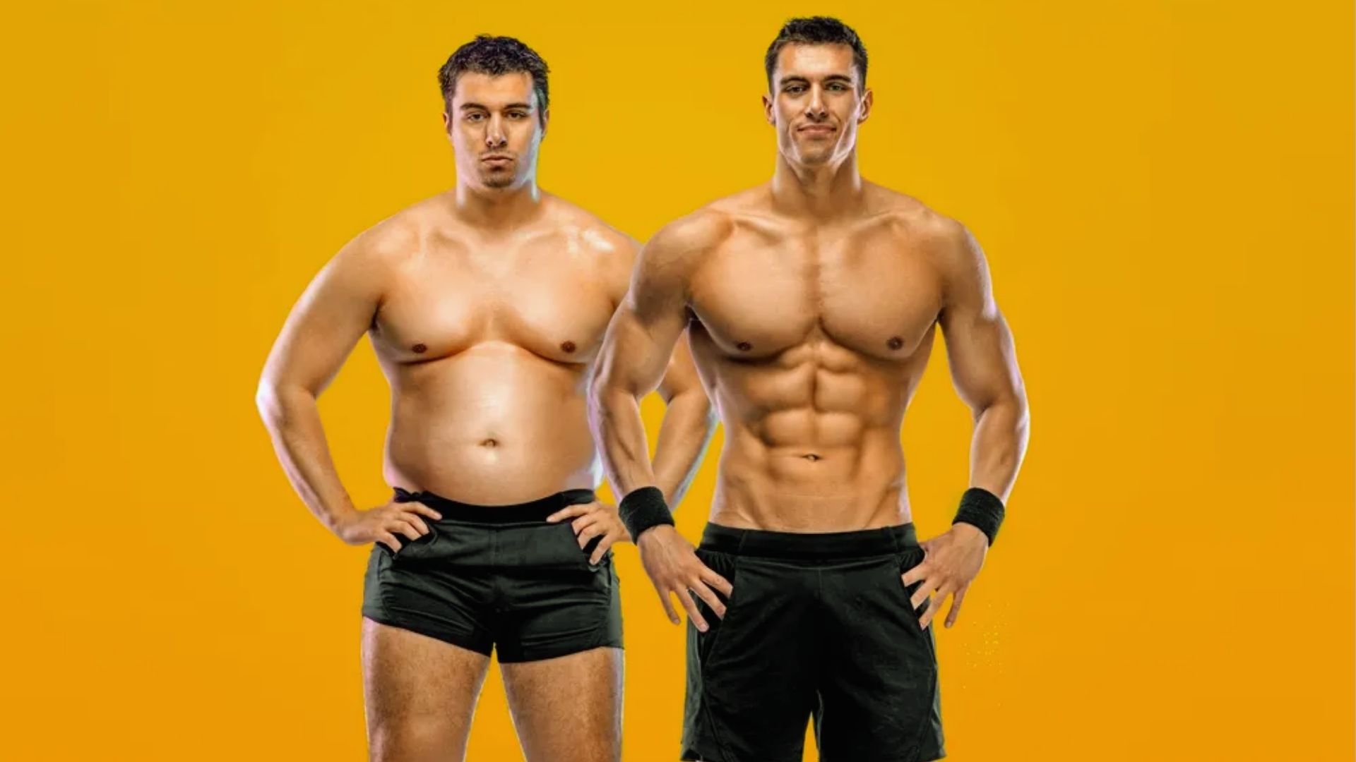 Two men in black shorts stand side by side against a yellow background. The left man has a fuller body, while the right man is muscular and toned.