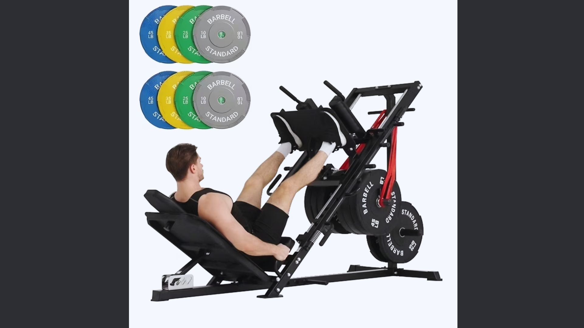 A person in a black outfit uses a leg press machine with multiple weight plates. Various colored weight plates are displayed on the left.