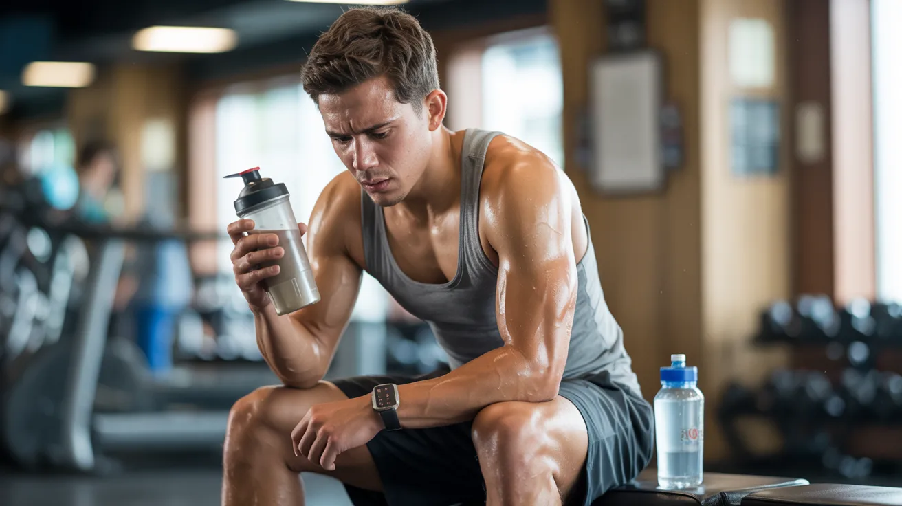 A man in a gym sits on a bench, holding a protein shaker. He looks focused and contemplative. He's wearing a tank top and is sweating from a workout.