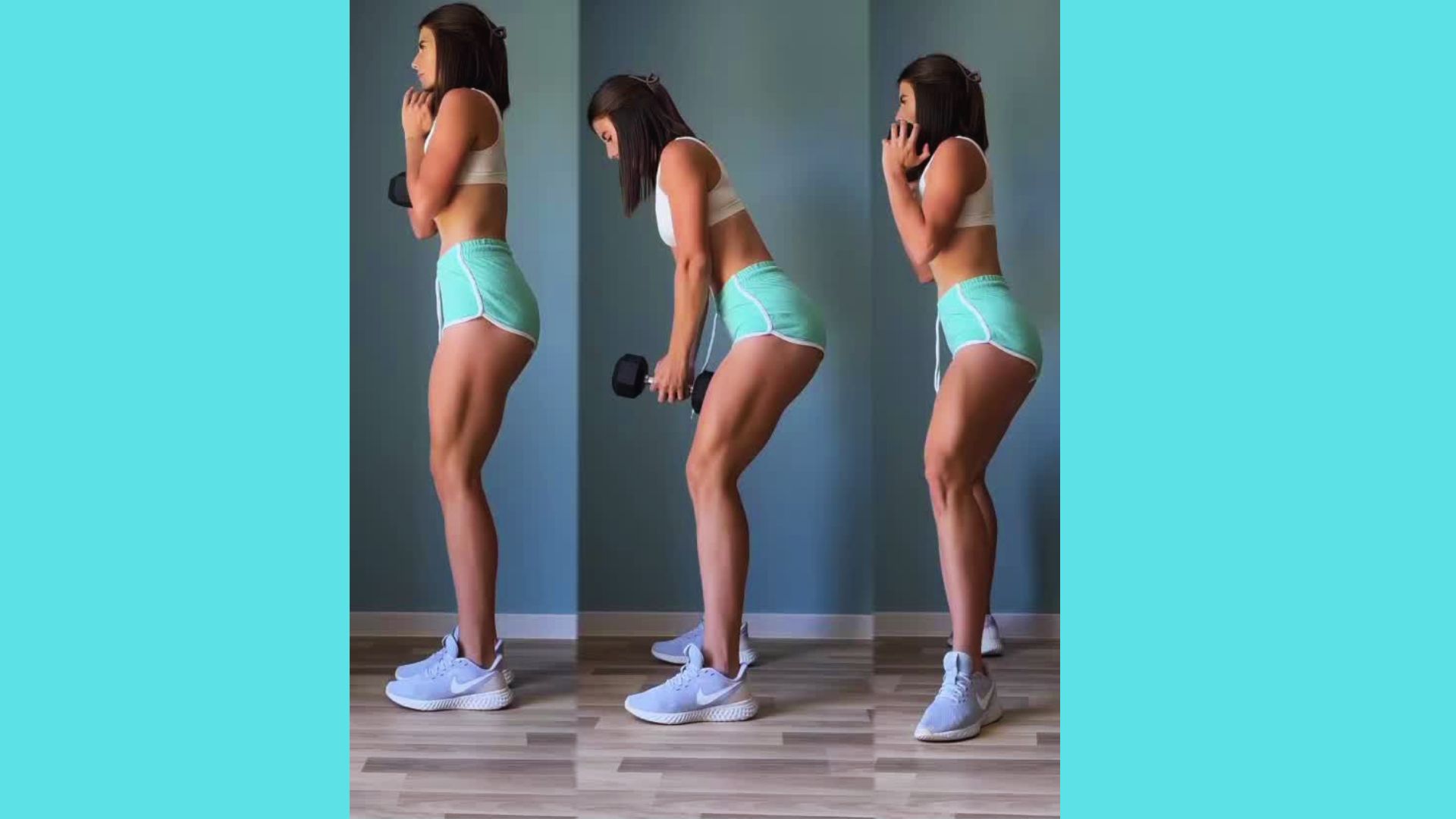 A woman in a sports bra and shorts performs a squat, demonstrating strength and fitness in a gym setting.