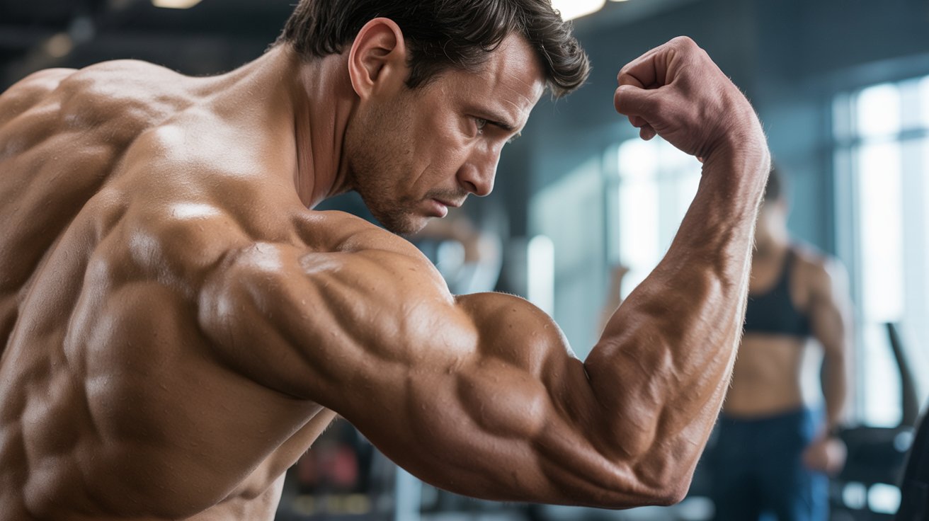 Muscular man flexing his arm in a gym, showcasing defined muscles. Focused expression, soft natural light, blurred gym background. Fitness and strength.
