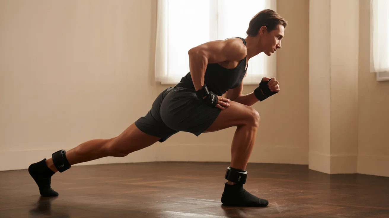 A person performs a lunge exercise indoors on a wooden floor, wearing black workout attire and ankle weights. The scene conveys focus and strength.