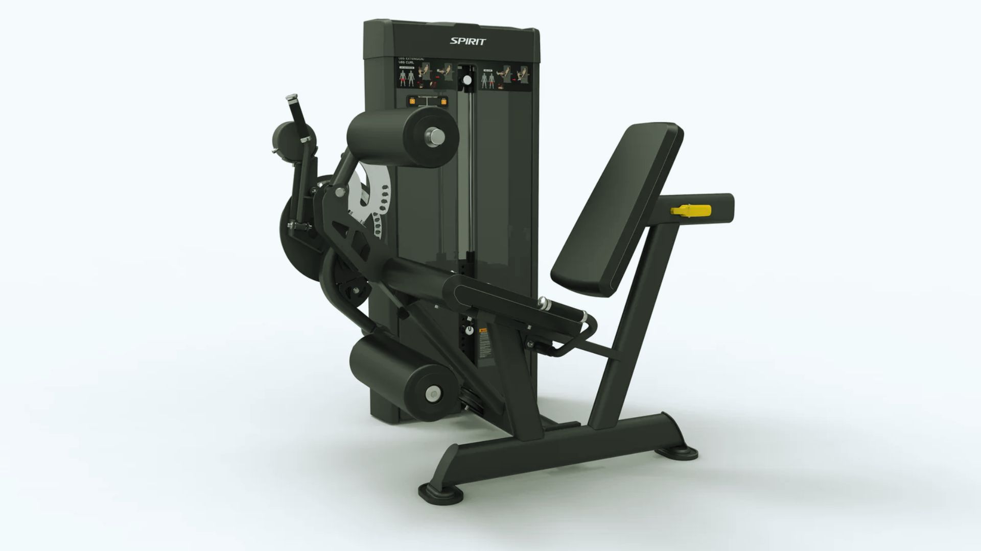 Leg curl machine with padded seat and adjustable weights, set against a plain background. The structure conveys a modern, robust design for strength training.