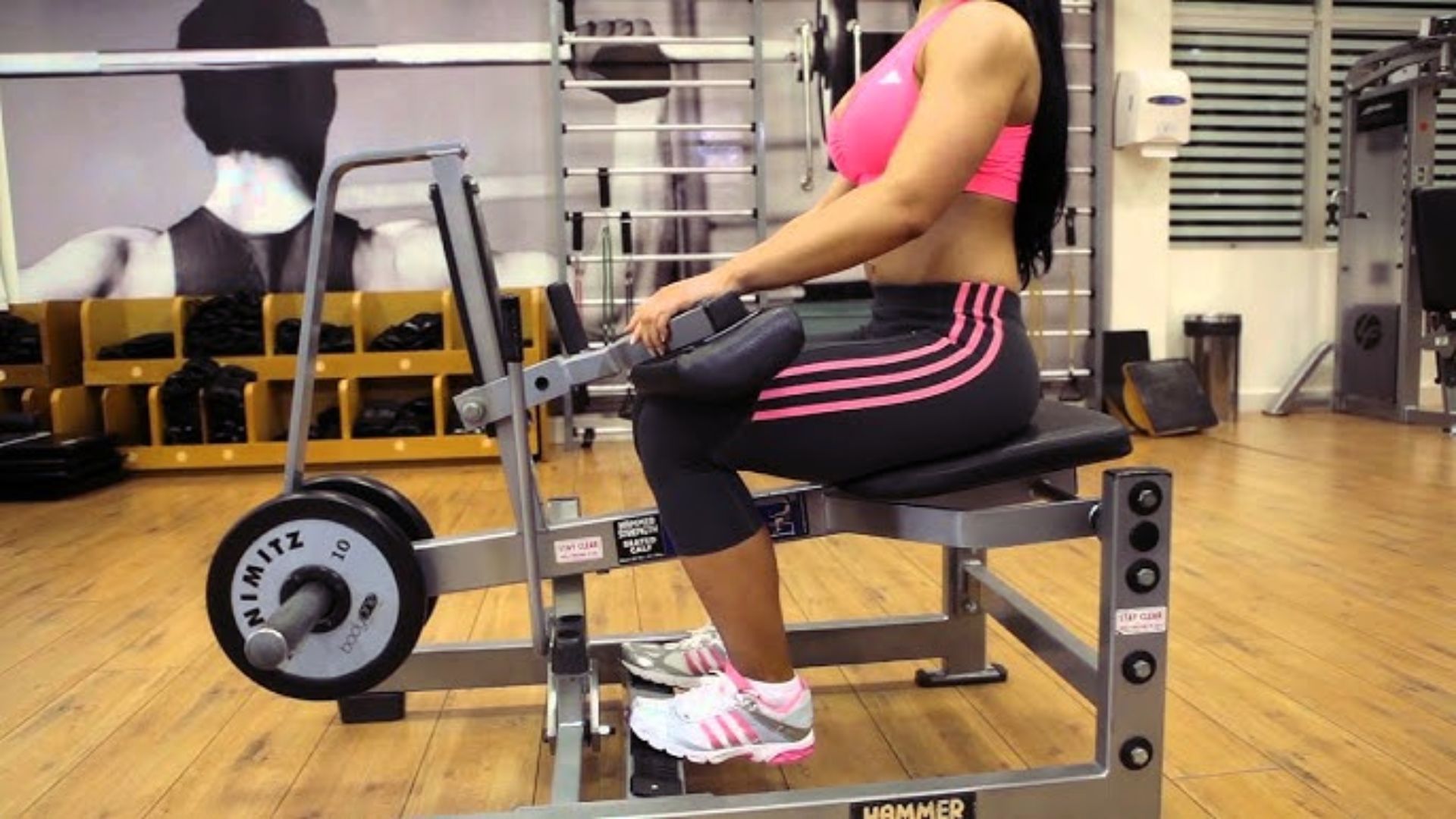 A woman in a pink sports bra and black leggings with pink stripes uses a seated calf raise machine in a gym. The setting is focused and determined.