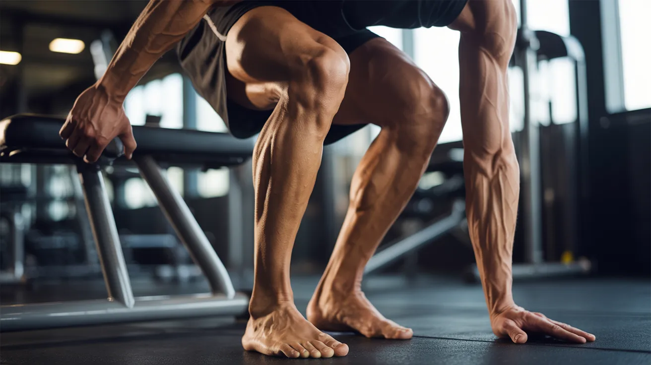 A person with muscular legs and feet is crouched on a gym floor, hand resting on the ground, suggesting strength and concentration in a workout setting.