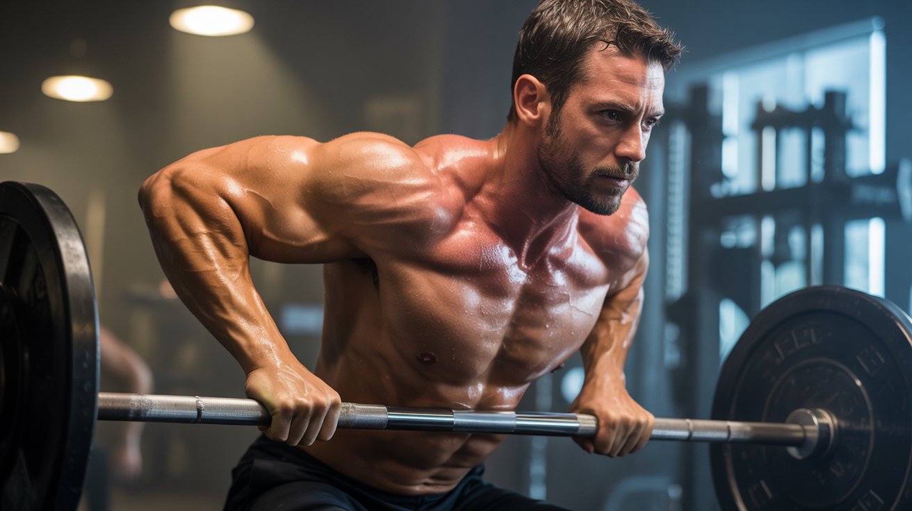 Muscular man intensely lifts a weighted barbell in a dimly lit gym, highlighting his focused expression and defined physique. Mood is determined and powerful.