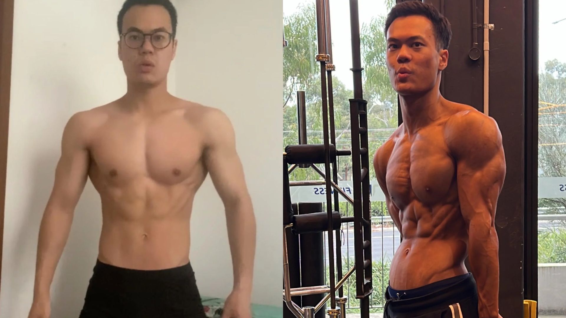 Split image showing a shirtless man before and after intense bodybuilding. Left: lean build, glasses. Right: muscular physique, gym setting, confident pose.