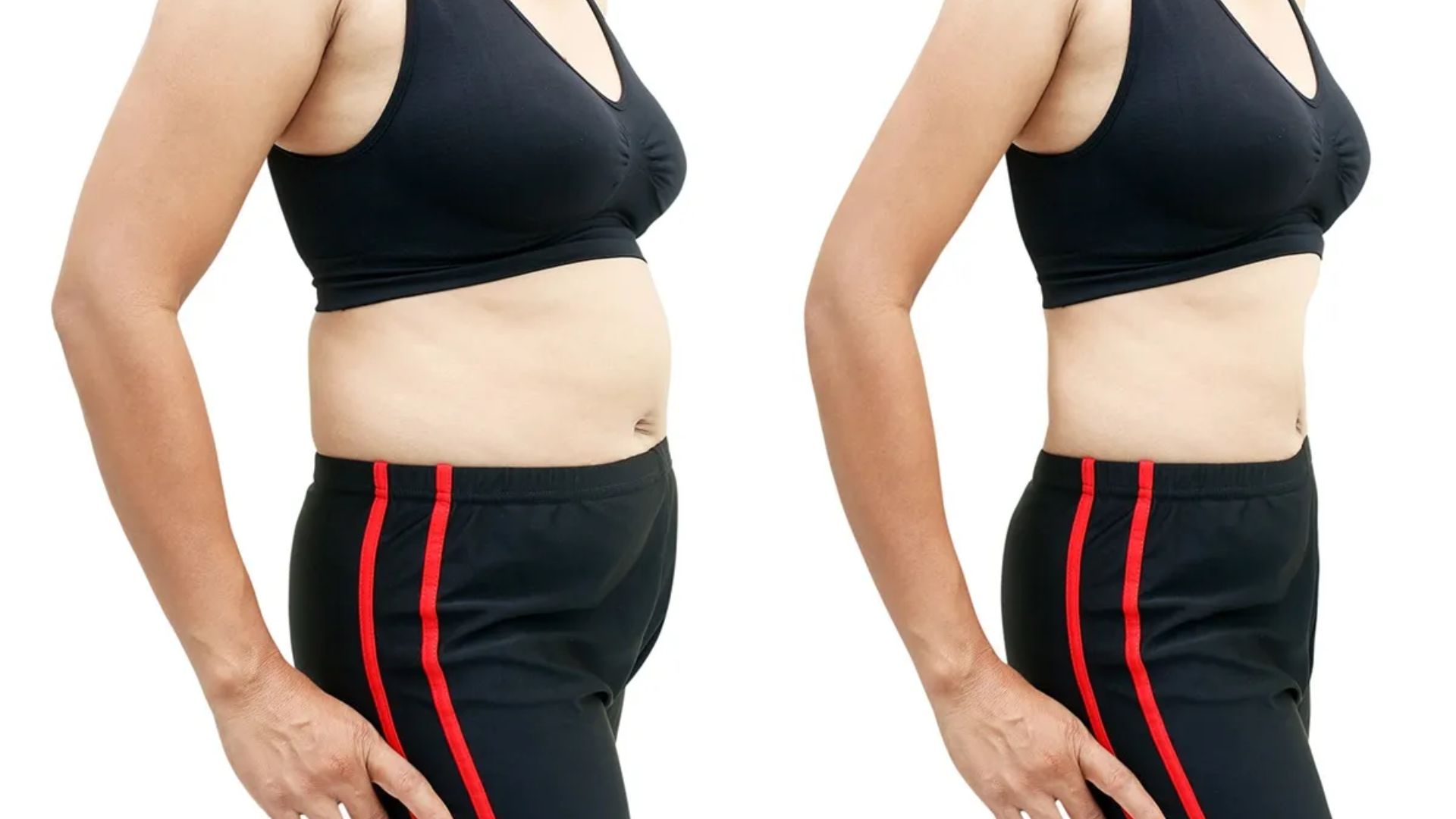 Side-by-side comparison of a person in a black sports outfit, showing body transformation with a slimmer waist on the right, suggesting fitness results.