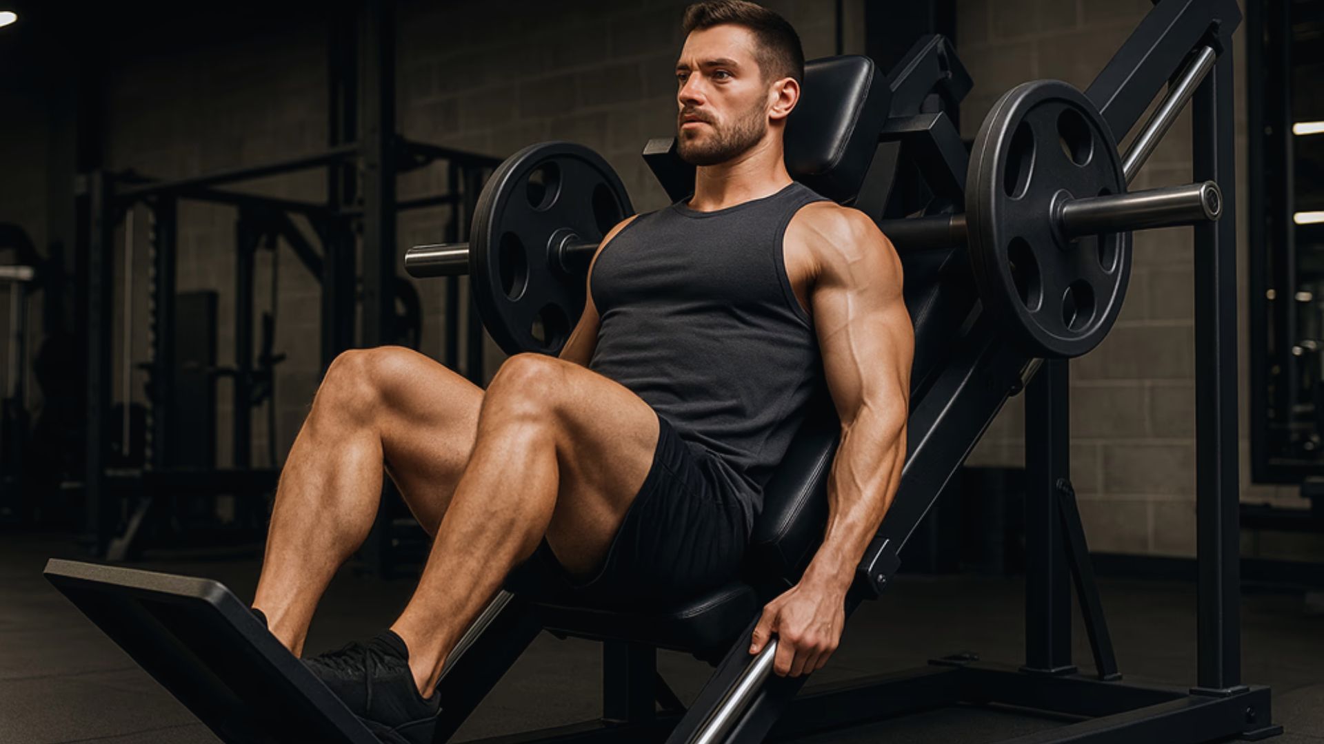 A muscular man in a black tank top and shorts uses a leg press machine at the gym. The setting is dimly lit, conveying focus and determination.