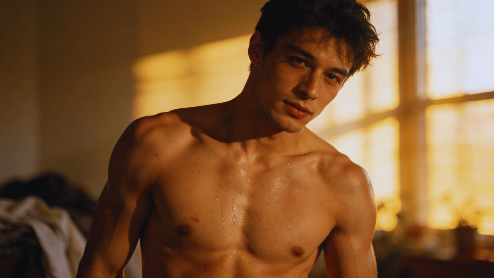 Young man with tousled dark hair, shirtless, stands in warm sunlight from a window. He has a relaxed expression in a dimly lit room, conveying a calm mood.