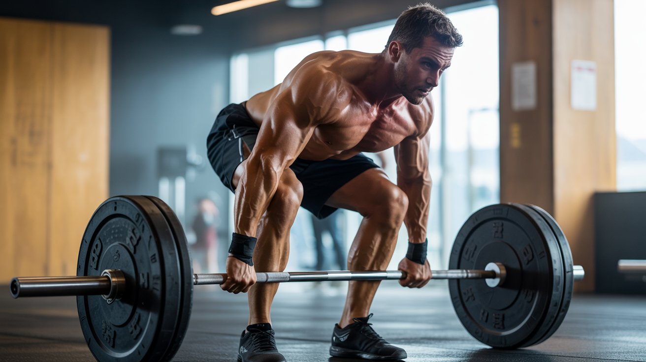 A muscular man in black sportswear performs a deadlift with a heavy barbell in a gym. The setting is modern and well-lit, conveying focus and strength.