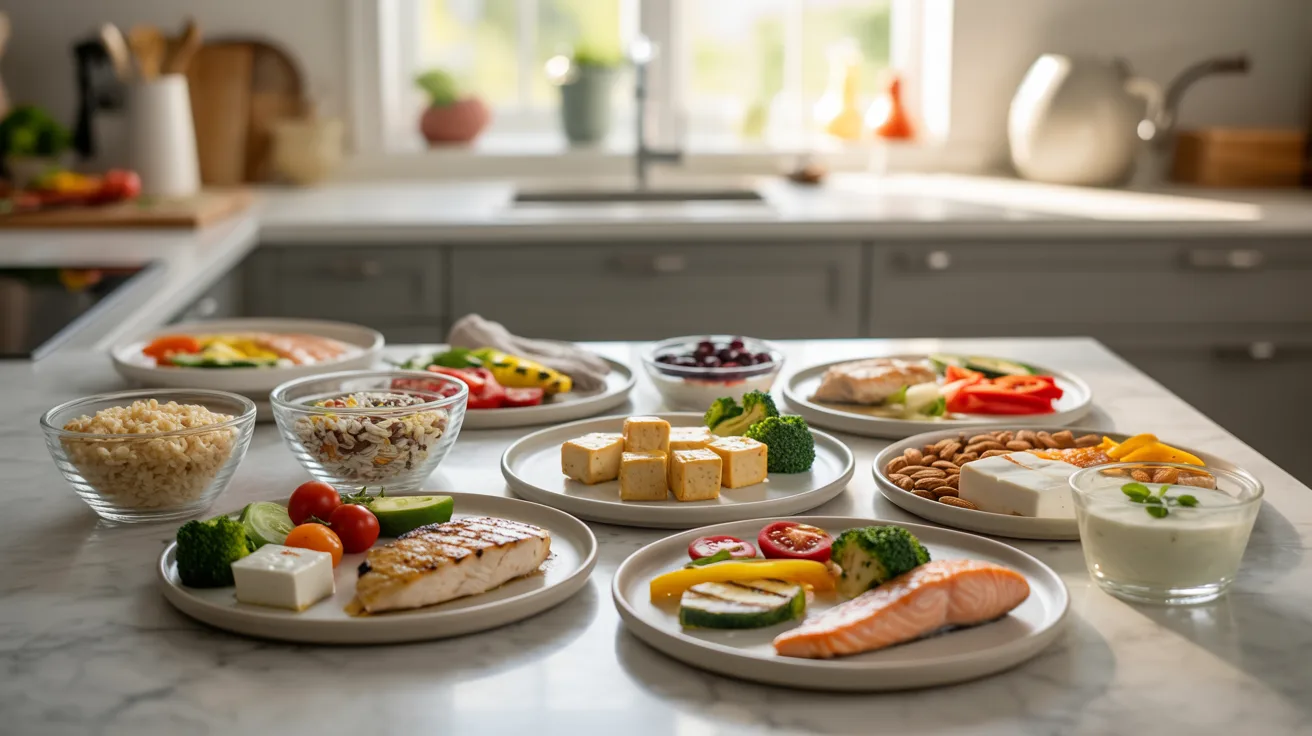 A bright kitchen table with various healthy foods, including salmon, tofu, roasted chicken, nuts, vegetables, grains, and yogurt, conveying wellness and balance.