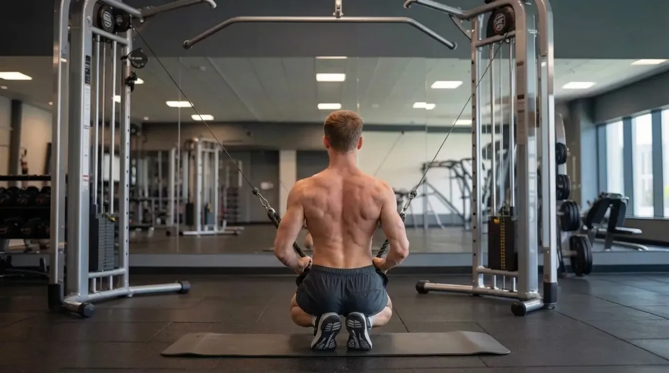 A man kneels on a gym mat, back facing the viewer, using a cable machine for a workout. The gym is spacious and well-lit, conveying focus and strength.