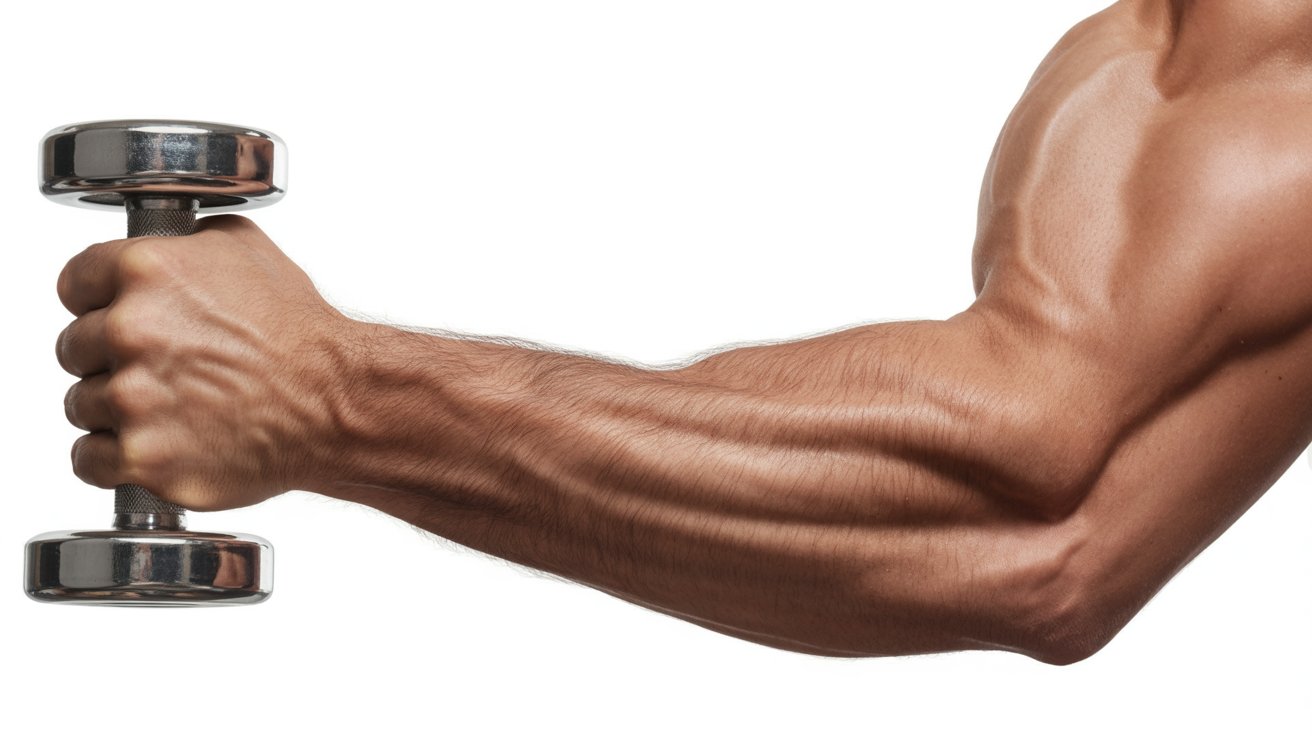 A muscular arm extends horizontally, gripping a silver dumbbell. The focus is on the defined muscles and veins, conveying strength and fitness.
