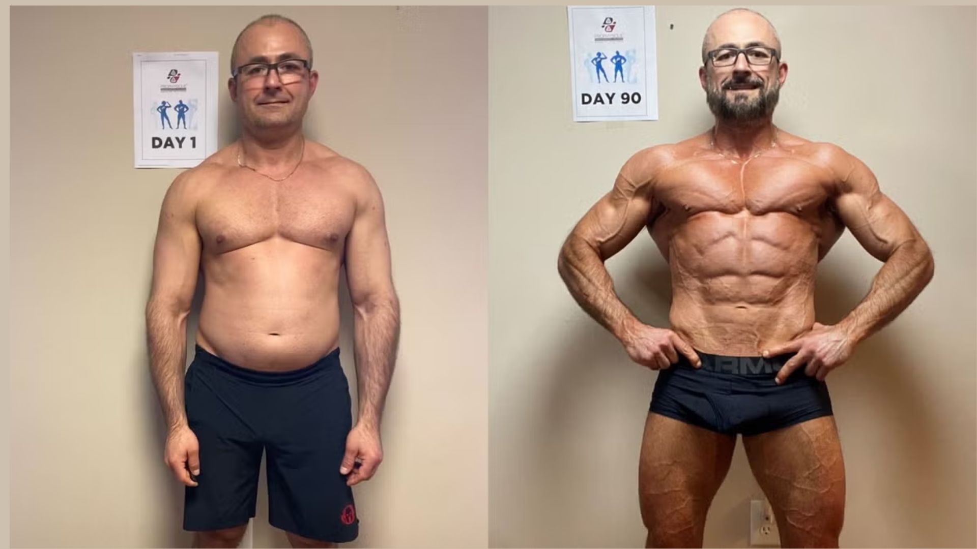 Side-by-side comparison of a man on day 1 and day 90 of a fitness journey. The first image shows a softer physique; the second shows a muscular, toned body.