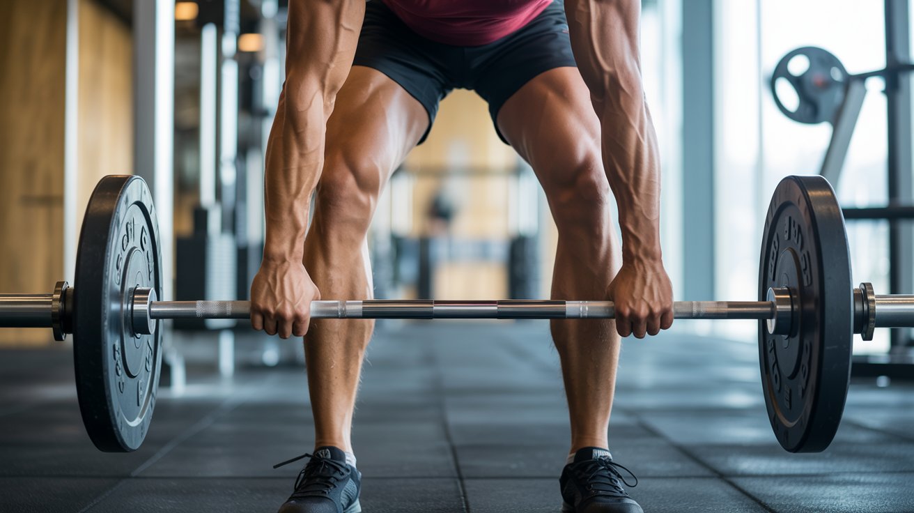 A person in a gym lifts a heavy barbell from the floor, showcasing muscular legs and arms. The setting exudes focus and determination.