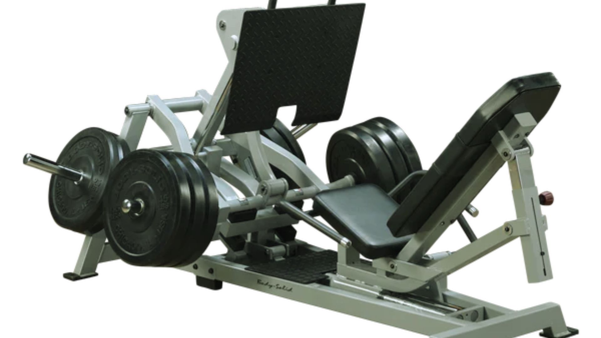 Leg press machine with multiple weight plates loaded, featuring a padded seat and backrest. The setup conveys a robust, gym-ready appearance.