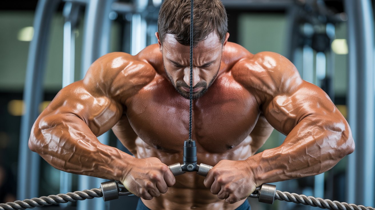 A muscular man intensely focuses on performing a cable workout in a gym, showing defined muscles. The tone is determined and powerful, highlighting strength.