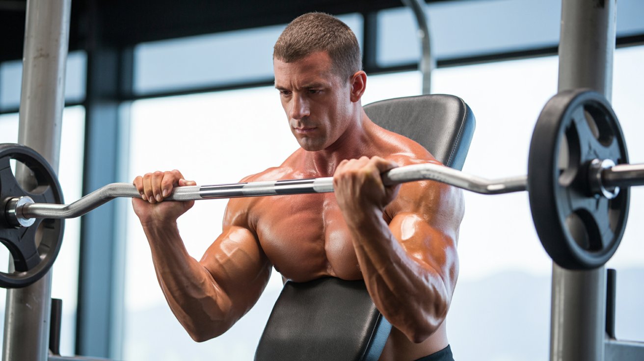 A muscular man intensely lifts a barbell on a preacher curl bench in a gym, highlighting strength and focus. Natural light streams through large windows.