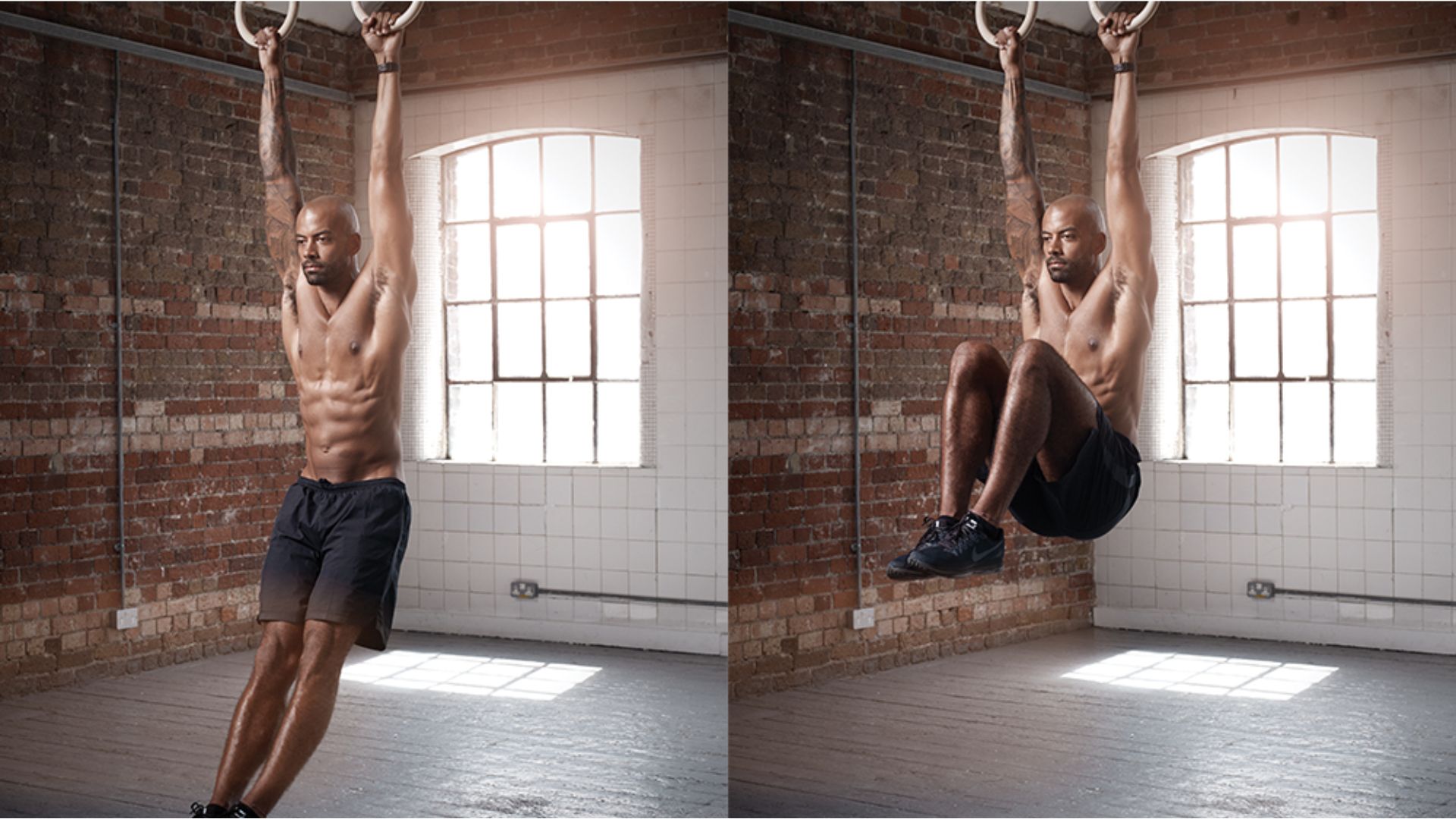 Two images of a man performing pull-ups on a bar, showcasing strength and fitness in an outdoor setting.