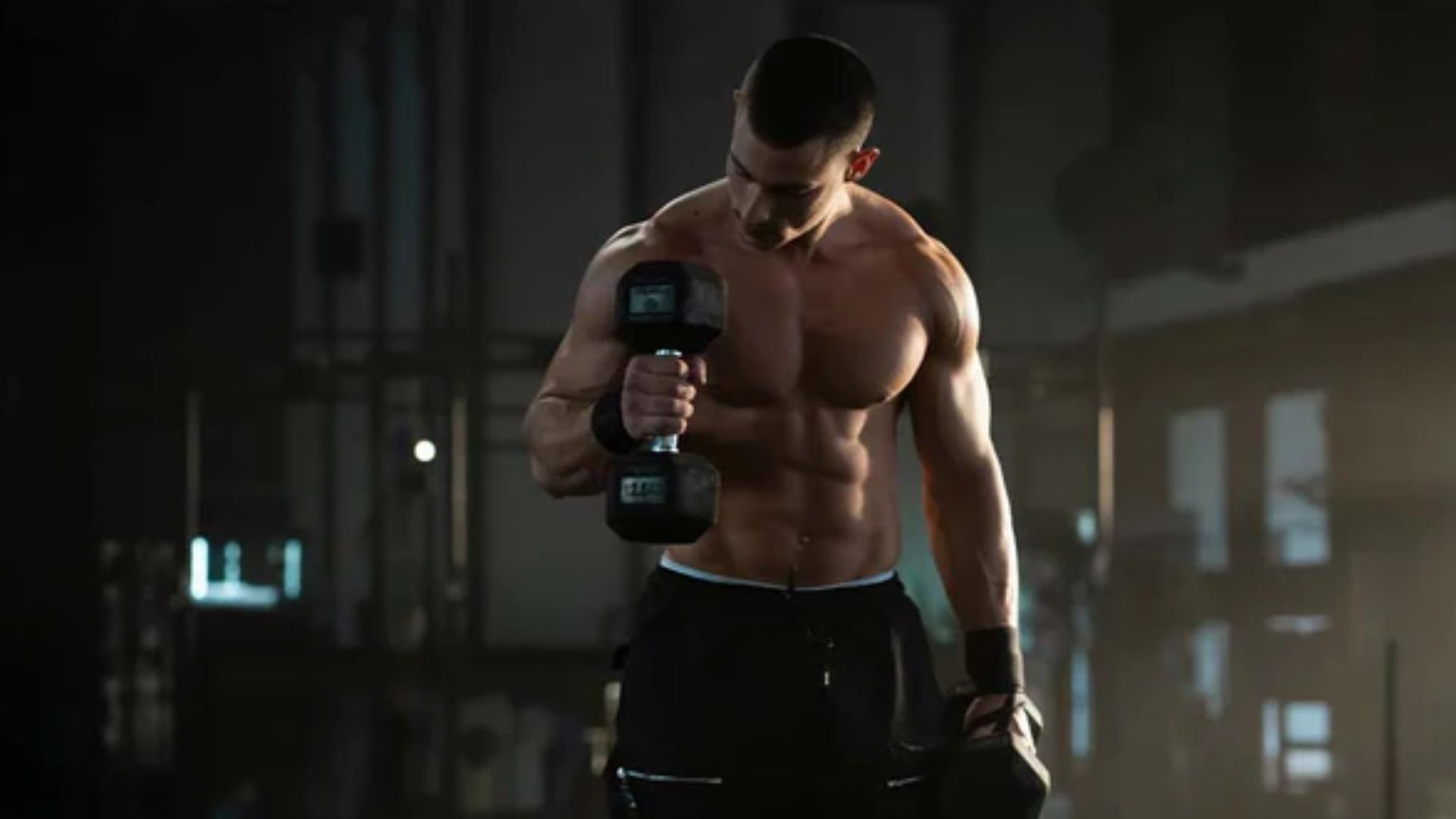 A muscular man in a dimly lit gym lifts a dumbbell, showcasing strength and focus. His determined expression and toned physique emphasize dedication.