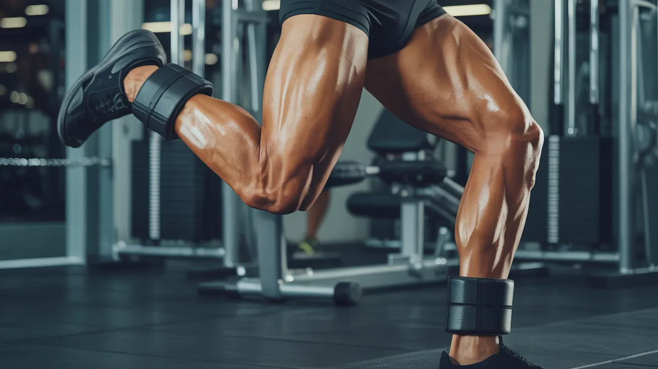 Close-up of muscular legs doing leg curls in a gym, wearing weight straps. The setting is modern, with fitness equipment in the background.