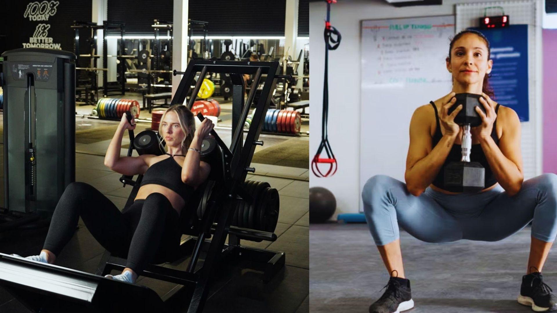 A person using a hack squat machine in a gym while comparing performance benchmarks and strength levels across different lifters.