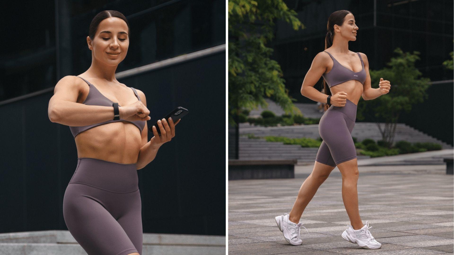 Woman checks smartwatch then jogs outdoors showing cardio warmup for 30-day calisthenics routine