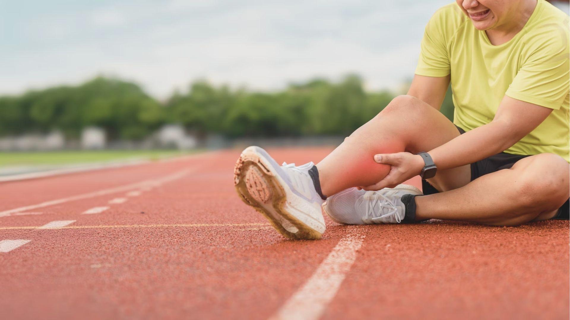 Athlete in yellow shirt sits on a running track clutching their calf, which is highlighted in red.