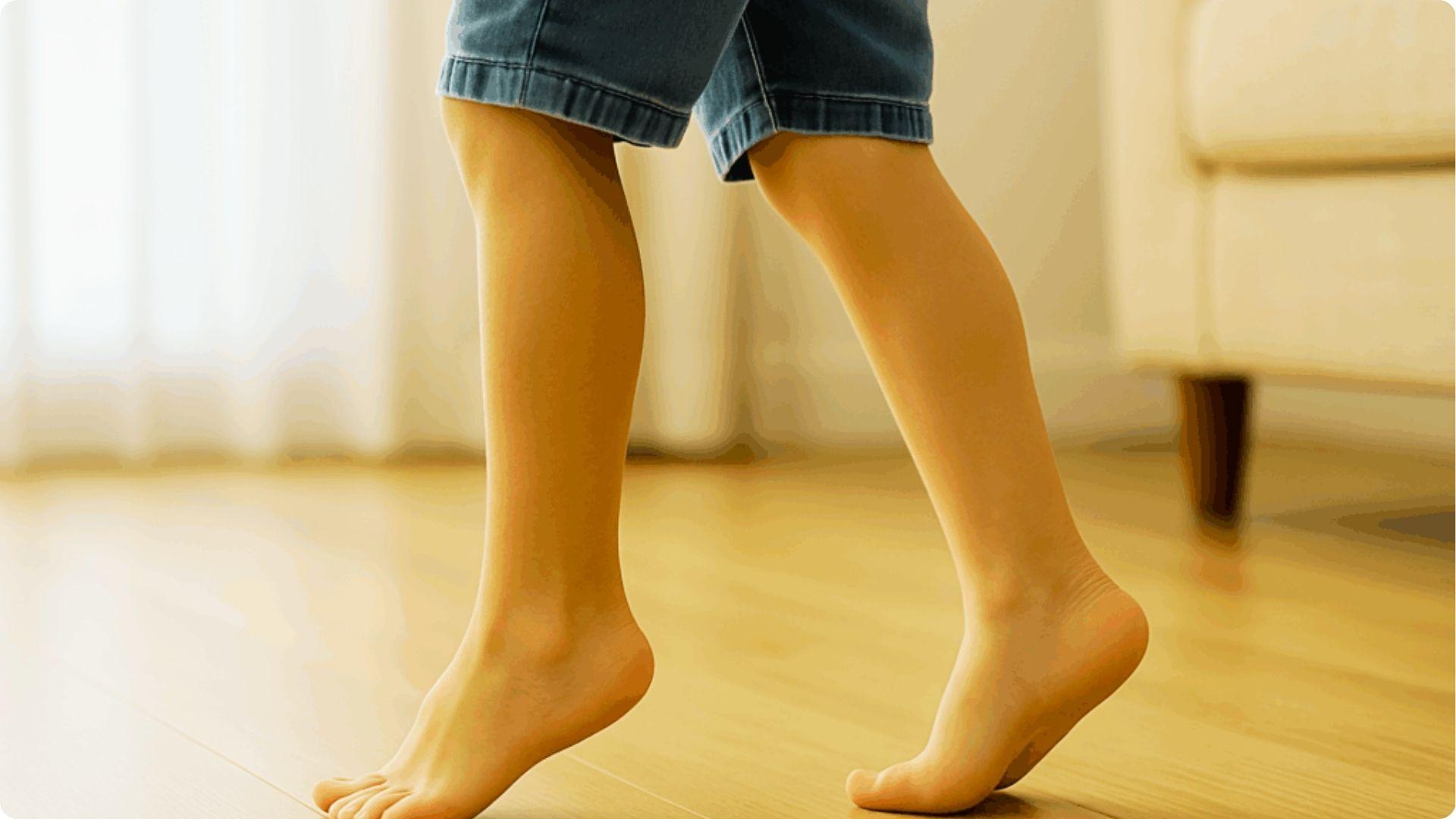 Child in denim shorts standing barefoot on tiptoes on a wooden floor at home.