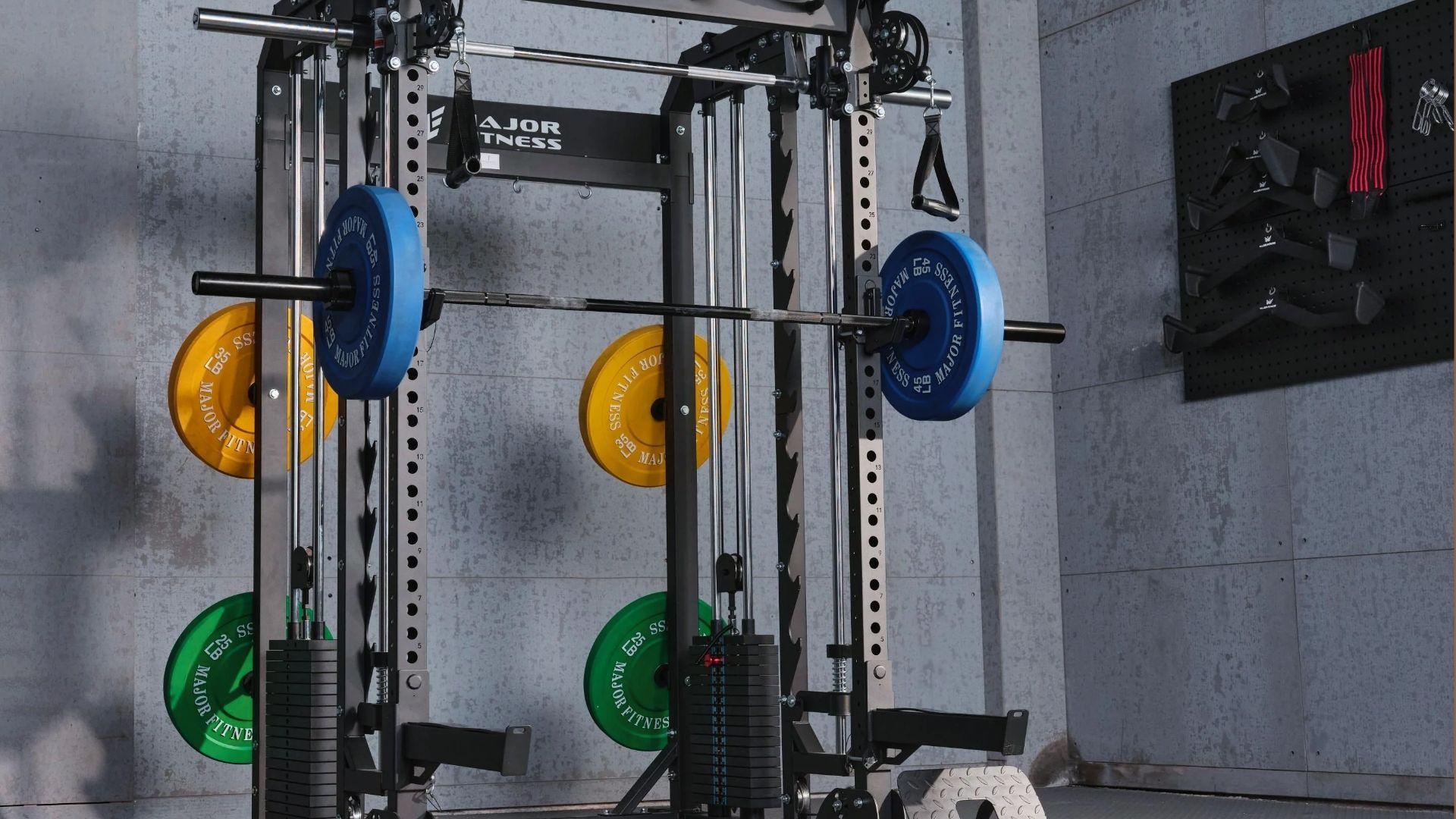 A Smith machine in a gym showing a guided barbell system with safety hooks used for controlled strength training.