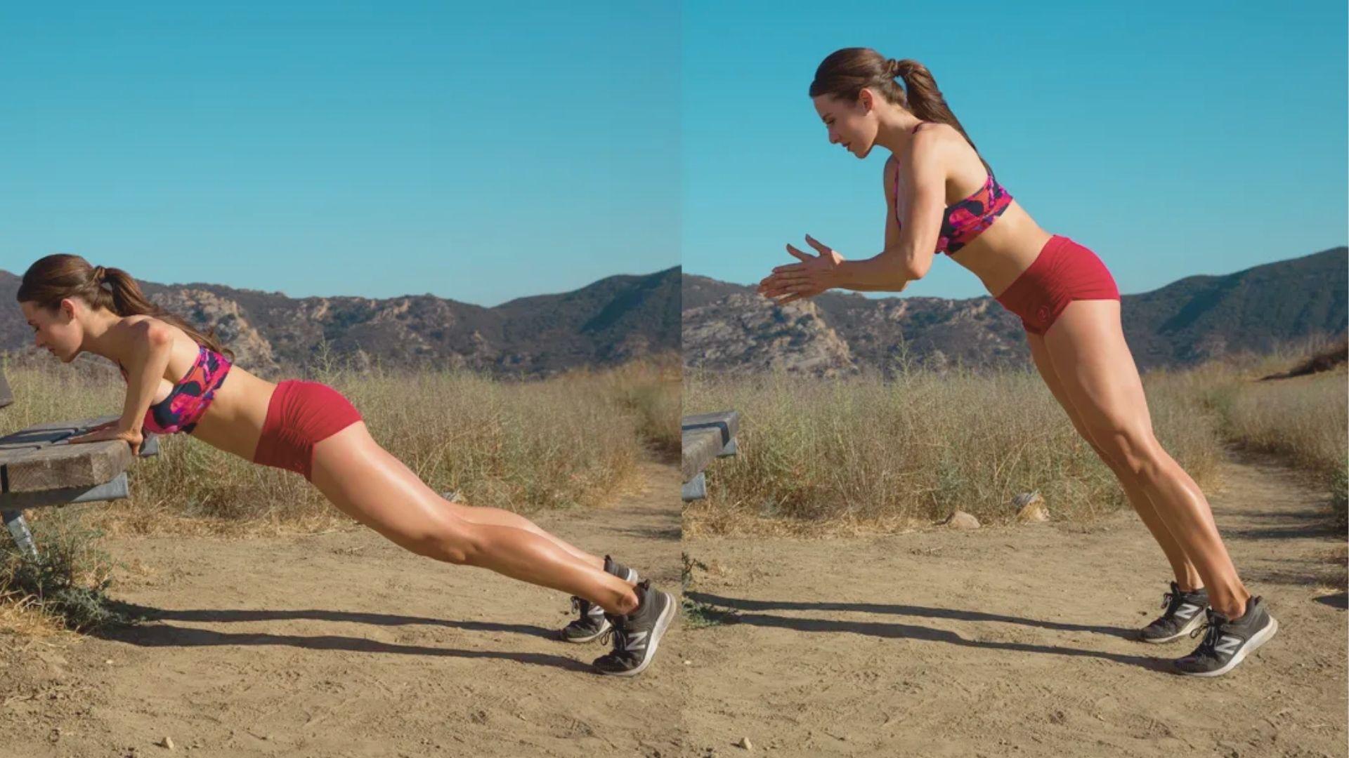 Split image of a woman in red shorts doing incline push-ups on a park bench, shown in down and explosive clap positions.
