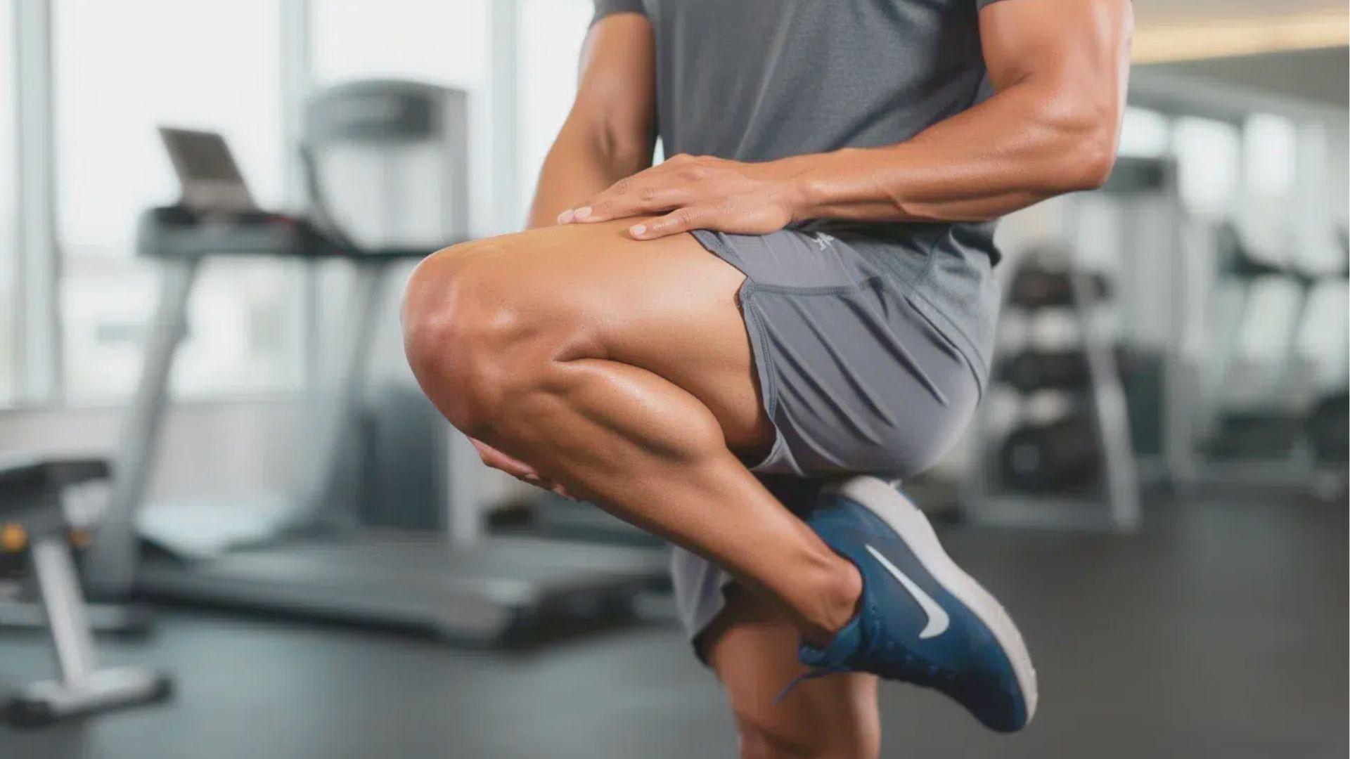Close-up of a man’s legs in gray shorts as he performs a quad stretch or mobility drill.