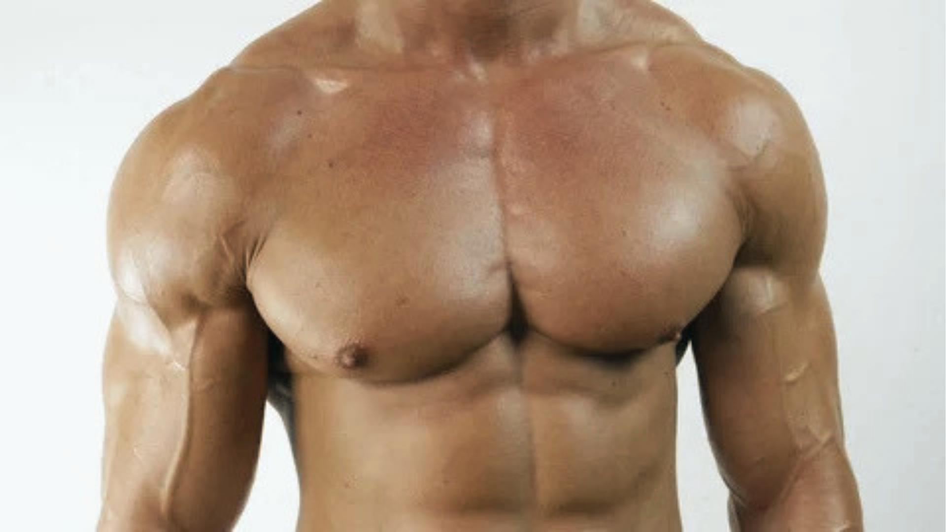 Cropped studio shot of shirtless man with developed chest, shoulders, and arms against white background for physique anatomy.