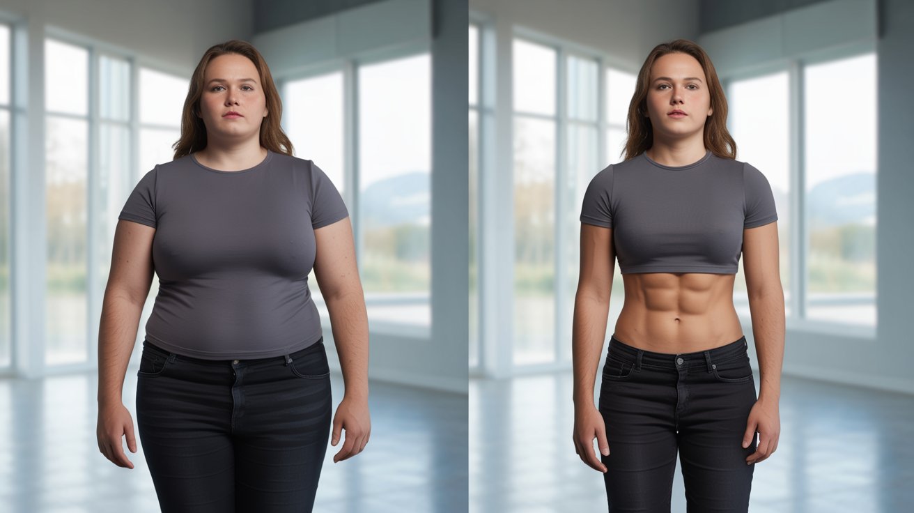 Weight loss transformation showing leaner body proportions that create a taller and more elongated appearance.
