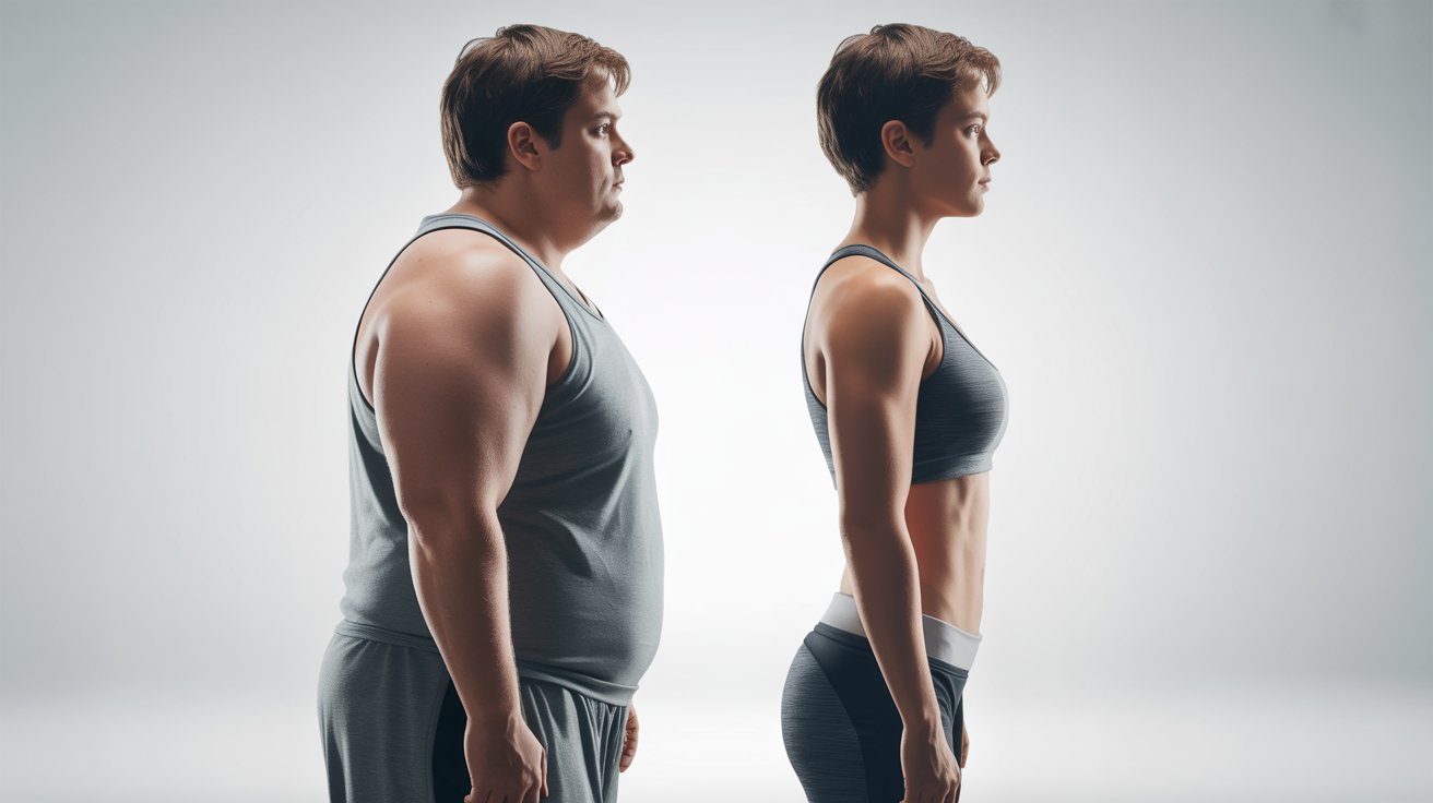 Before and after weight loss showing improved posture, upright standing position, and better body alignment.