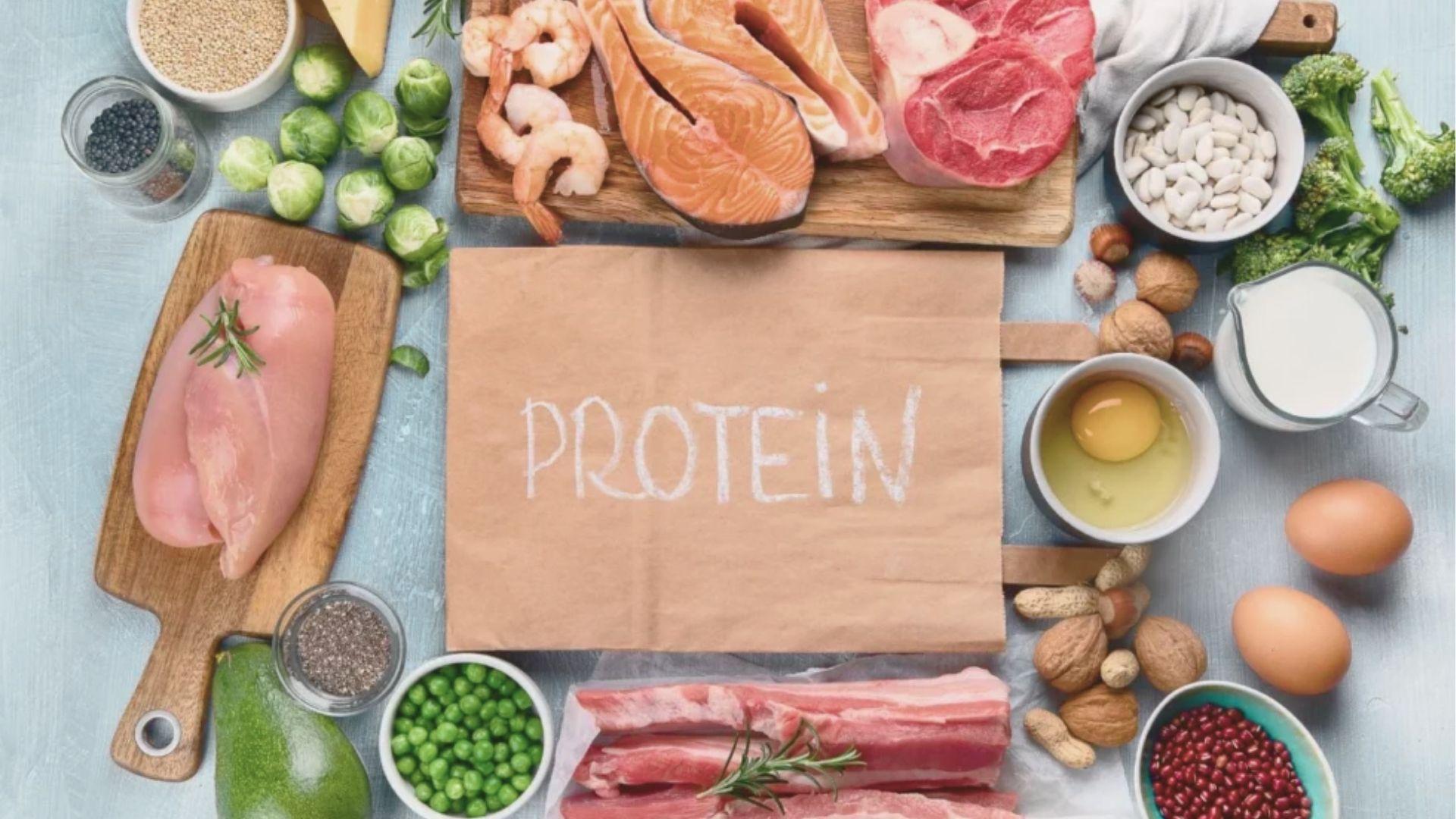 Chicken, salmon, eggs, milk, beans, and nuts surround a paper labeled PROTEIN on a blue surface.