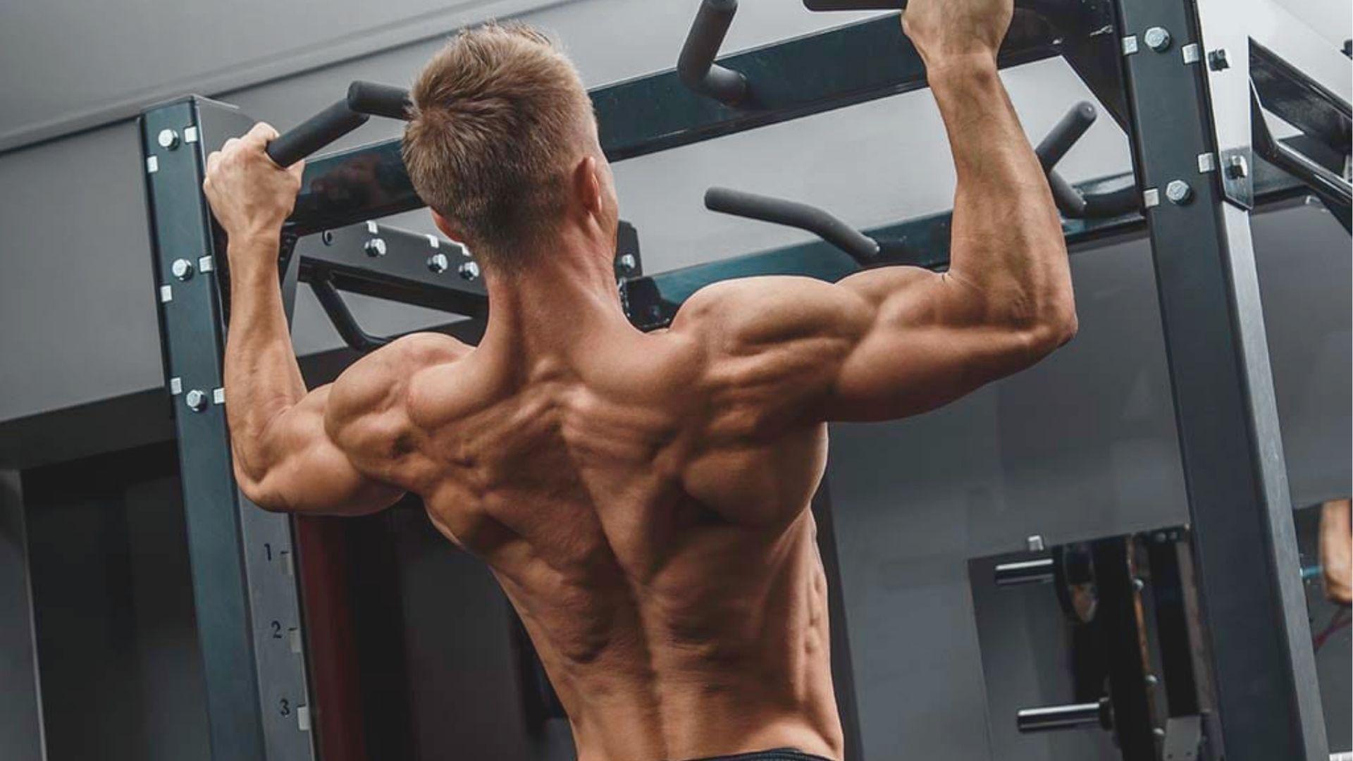 Shirtless muscular man viewed from behind performing a wide-grip pull-up on a black power rack.