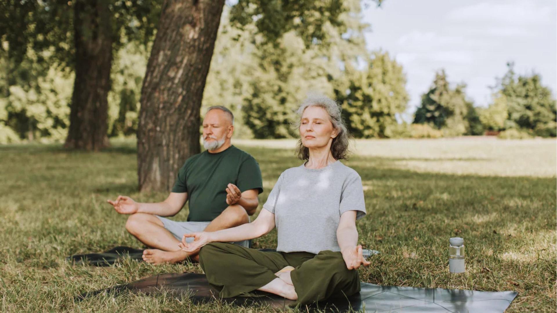 Older couple practices outdoor meditation on yoga mats in park, sitting cross-legged with eyes closed for stress relief.