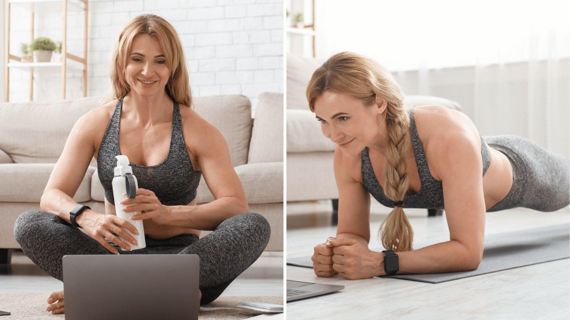 Woman in gray sports bra sits with bottle then holds plank on mat to start core strength basics