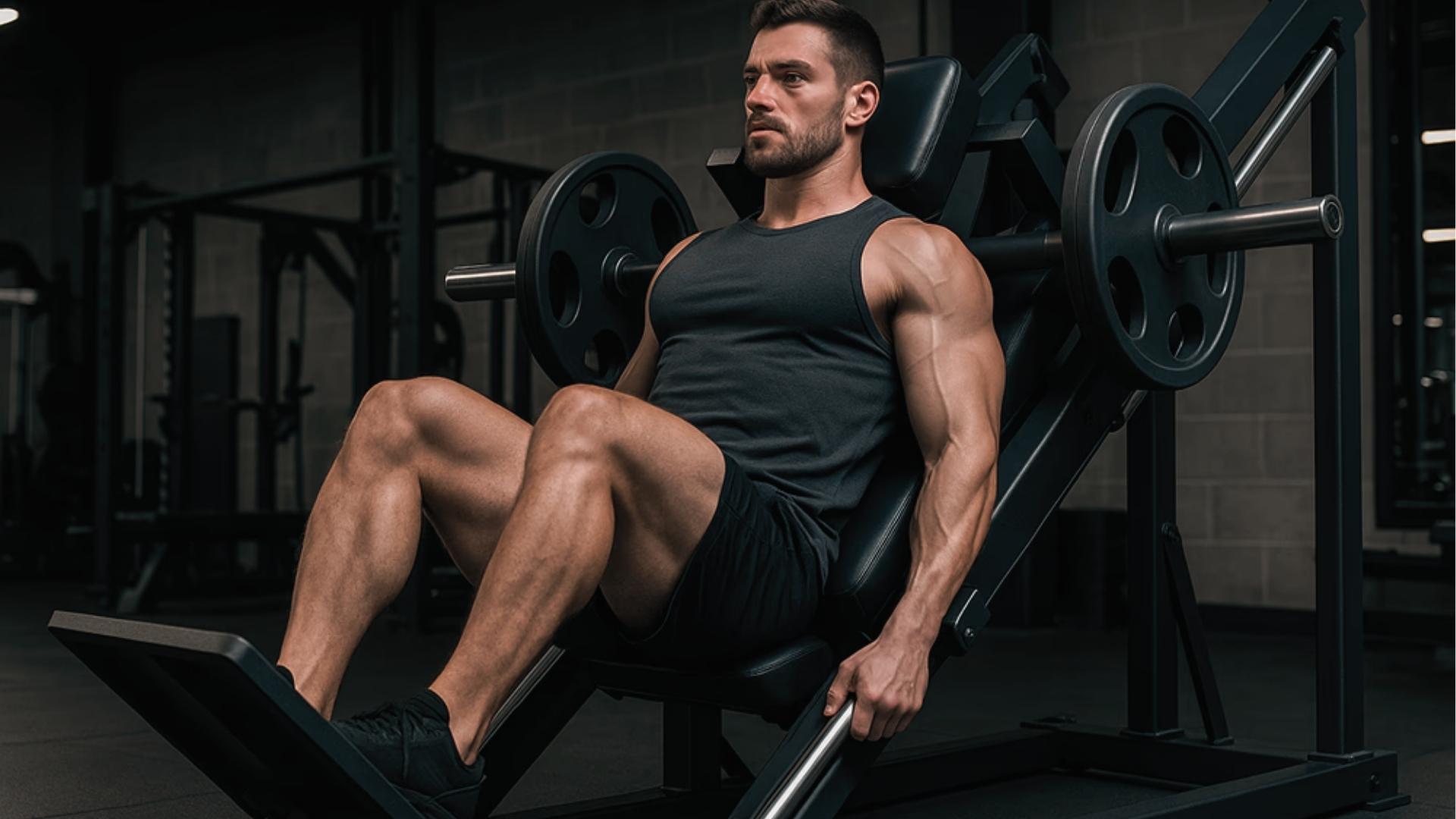 Muscular man in black tank top and shorts performs hack squat, focusing on quads and glutes in dark gym.